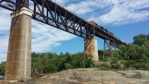 Parry Sound Trestle with Train and blue clouds