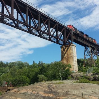 Parry Sound Trestle with Train and blue clouds